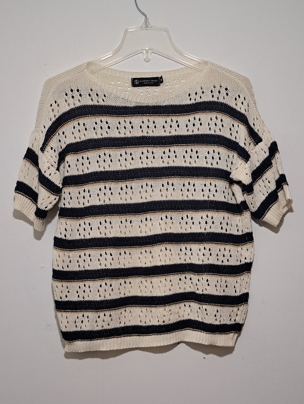 Open-Knit Cream and Black Striped Short-Sleeve Sweater